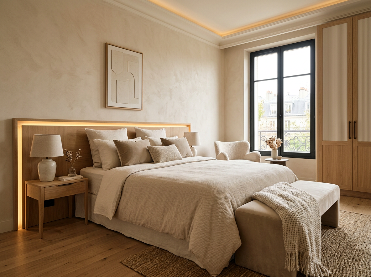Chambre rénovée aux tons naturels par AJD Rénovation