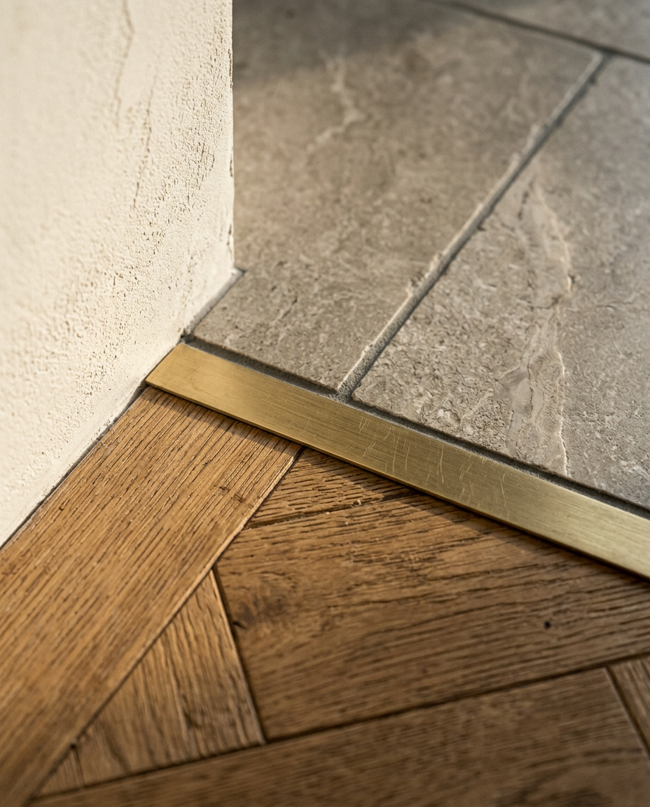 Détail de finition entre pierre naturelle, parquet chêne et seuil en laiton