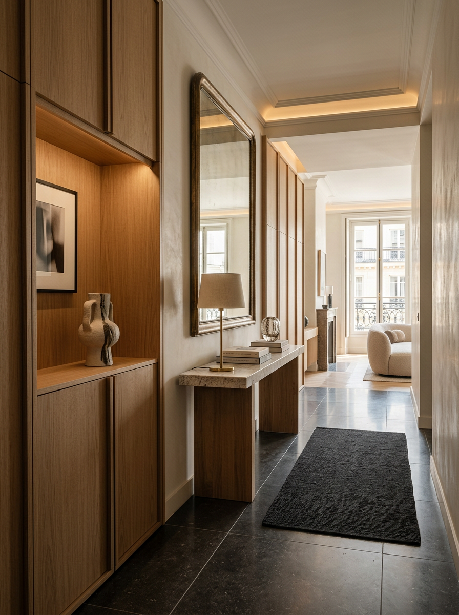 Entrée rénovée avec rangements en chêne par AJD Rénovation