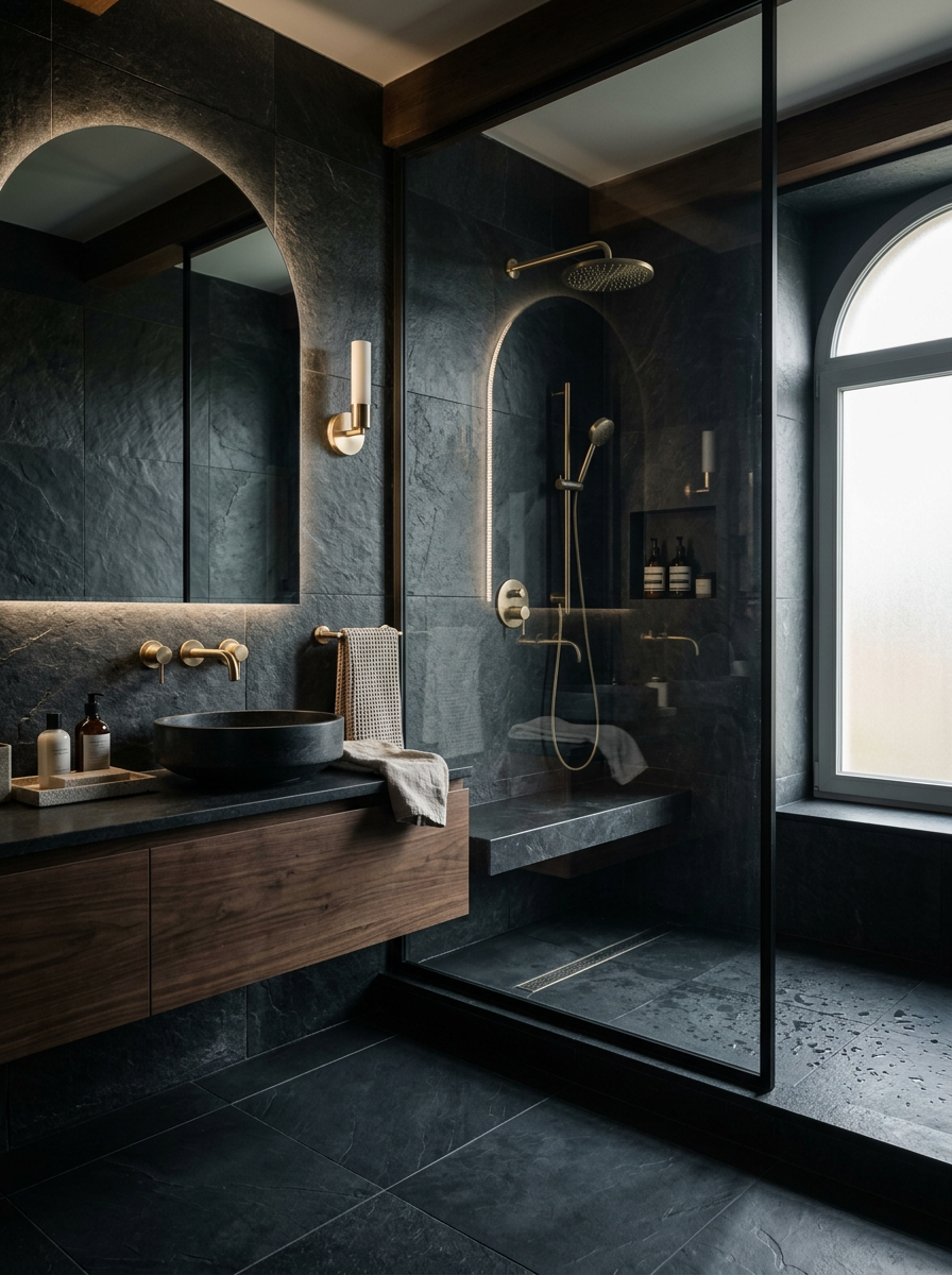 Salle d'eau en pierre sombre rénovée par AJD Rénovation