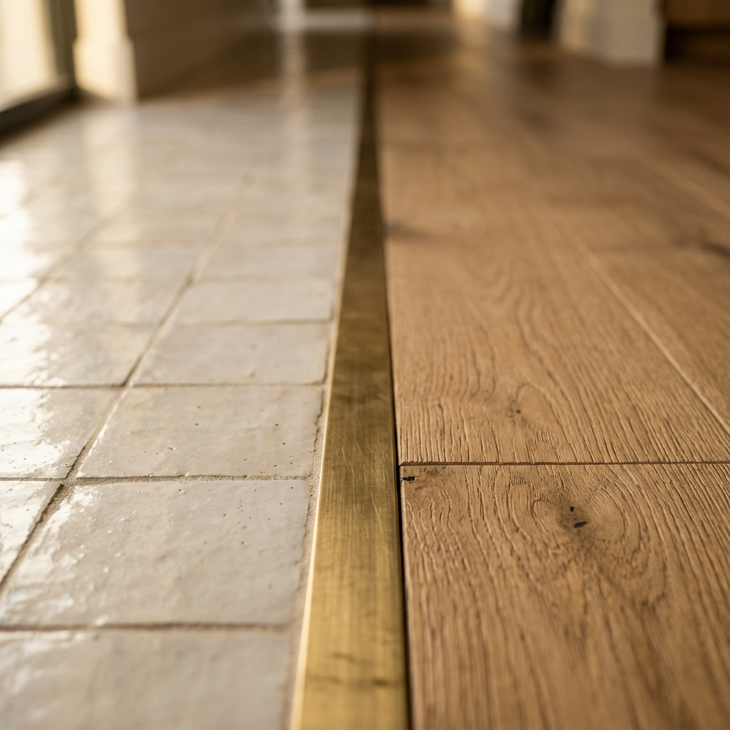 Détail de jonction entre carrelage et parquet chêne