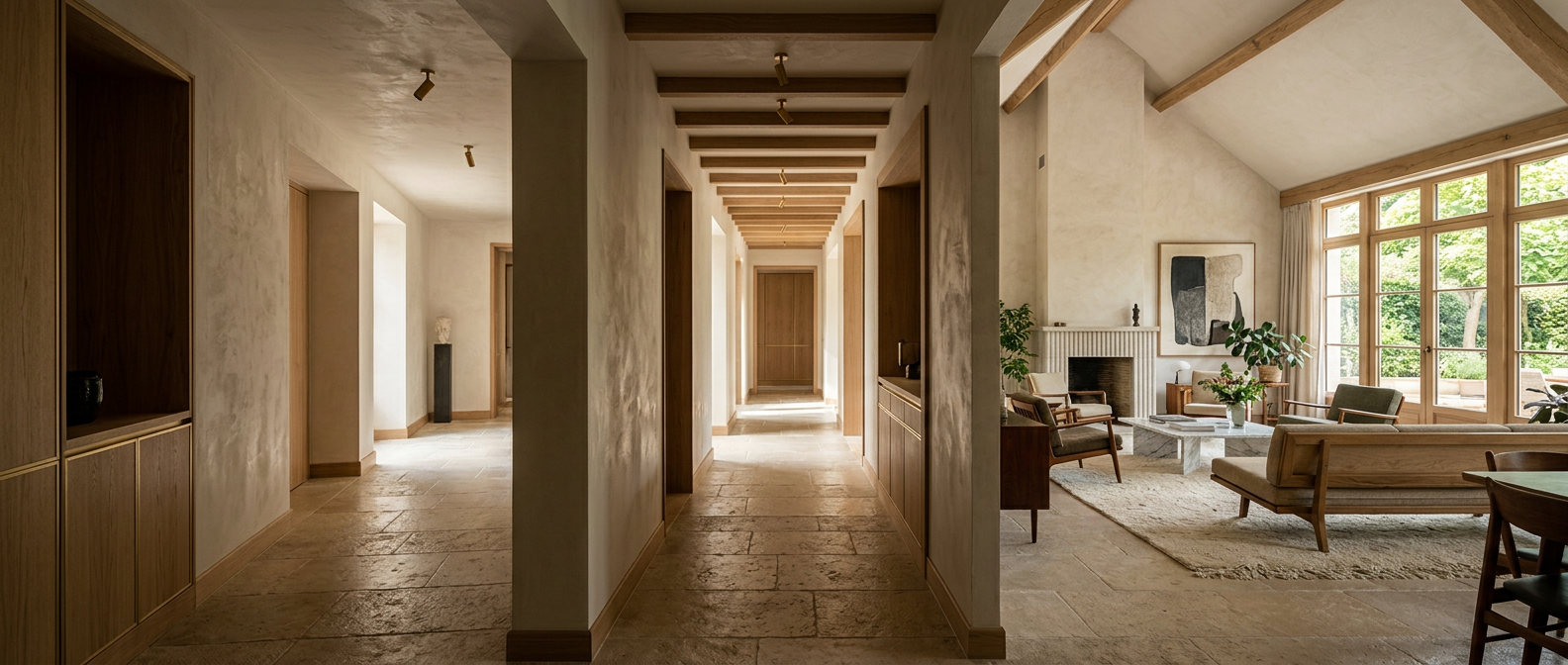 Perspective architecturale d'un intérieur rénové en pierre et chêne