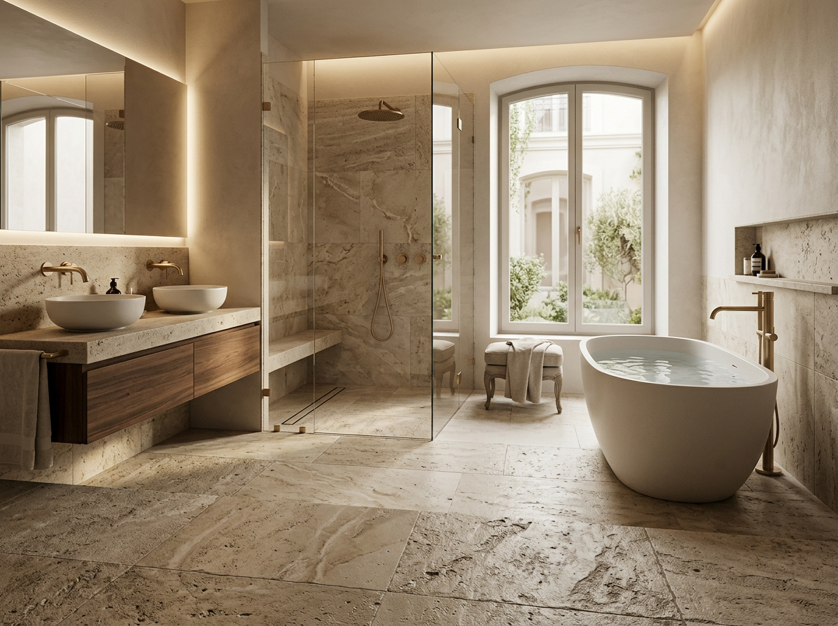 Salle de bain en pierre naturelle rénovée par AJD Rénovation