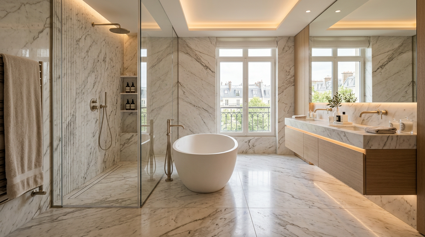 Salle de bain contemporaine en pierre rénovée par AJD Rénovation